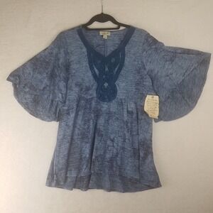 One World Blue Tie Dye Embellished V Neck Bell Sleeve Tunic Top Size M